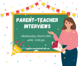 a cartoon style graphic shows a female teacher at a chalkboard, which features the details of parent teacher night.