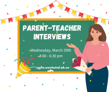 a cartoon style graphic shows a female teacher at a chalkboard, which features the details of parent teacher night.